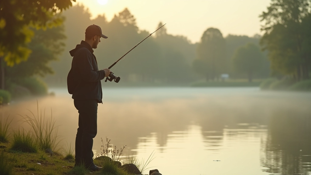 Žvejys stovi prie tvenkinės kranto, lazdą laikydamas teisingai, vanduo šviečia saulėje