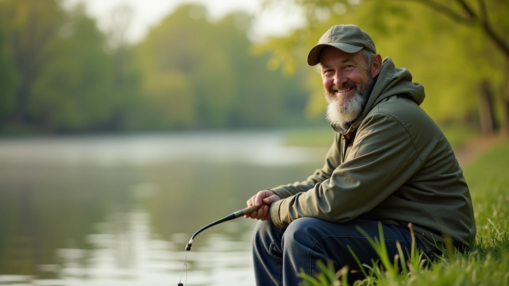 Žvejys sėdi ant kranto su dideliu šypsniu, prie jo gražus pavasario kraštovaizdis, ramūs vandenys
